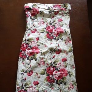 Floral Strapless White and Pink Rose Midi Dress